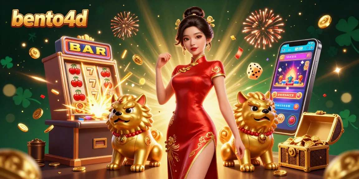 Terlibat dengan bento4d saat seorang wanita glamor merayakan jackpot di tengah perayaan kasino.