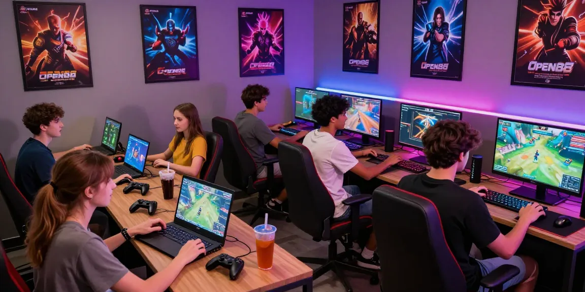 OPEN88 gaming hub with friends enjoying diverse games in a vibrant, lively atmosphere.