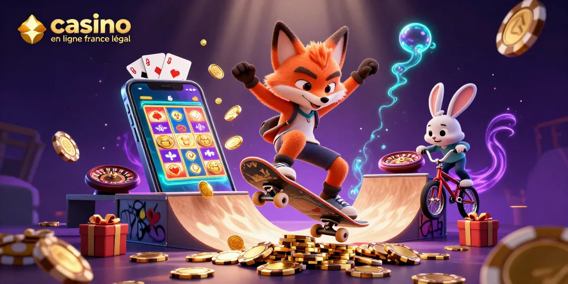 Casino en ligne France légal illustré avec un renard skateur et un lapin BMX, mettant en avant des éléments de jeu riches.