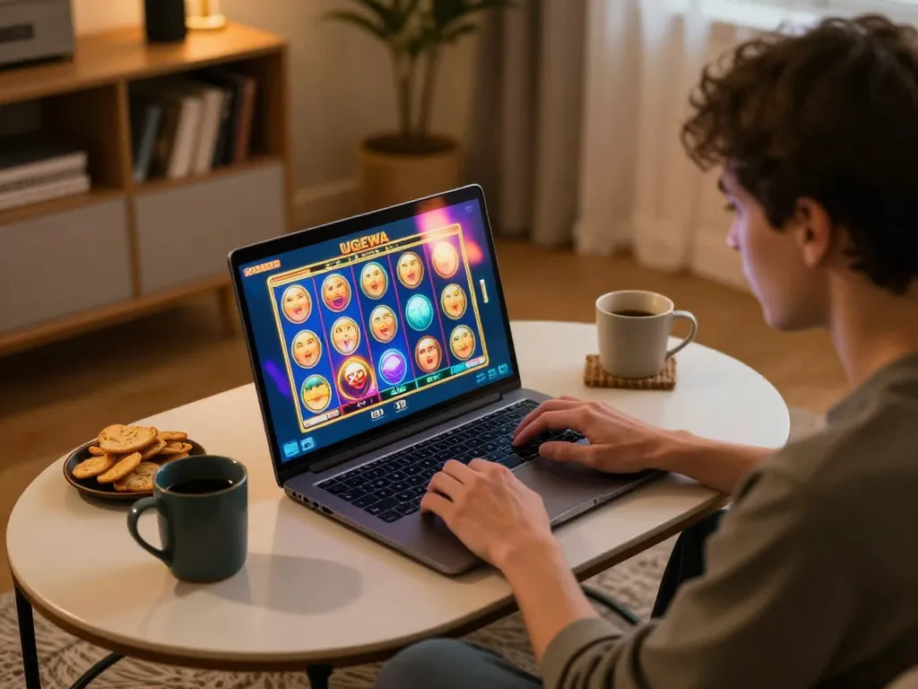 Player enjoying UGDEWA slot games on a laptop in a cozy home setting with snacks.