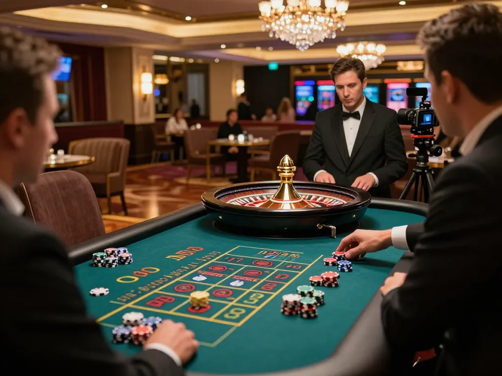 Exciting gambling moment as players enjoy ดูหนังออนไลน์ while placing bets at a roulette table in a luxurious casino.