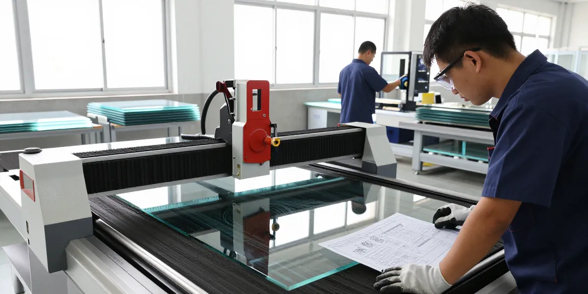 CNC glass cutting machine in operation, showcasing precision cutting techniques in a modern factory environment.