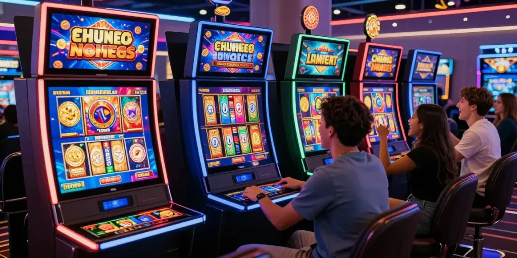 Excited players enjoying slot online games with colorful graphics in a vibrant virtual casino atmosphere.