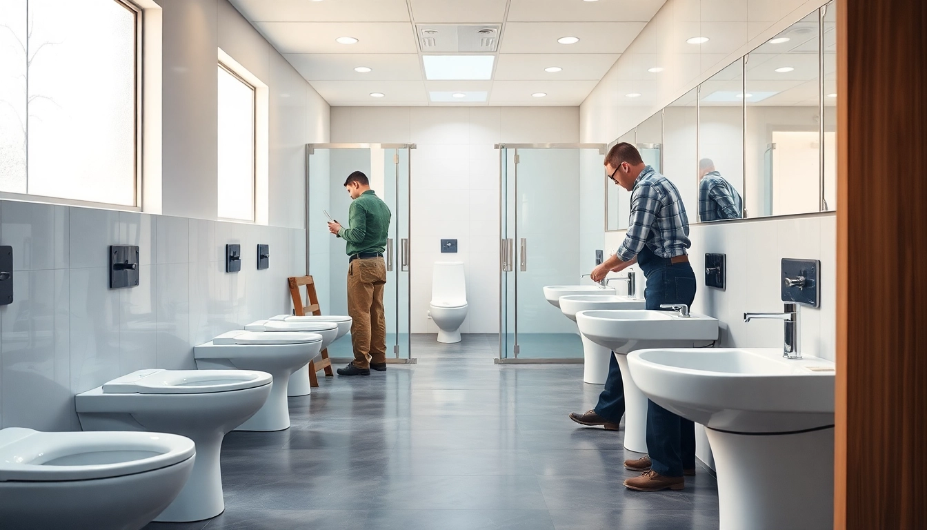 Efficient commercial toilet refurbishment featuring skilled workers and modern installations.