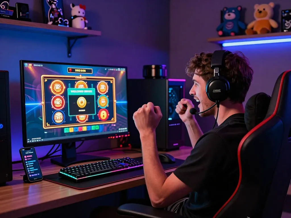 A player experiencing excitement during a Winstrike69 slot game victory, showcasing vibrant gaming setup.