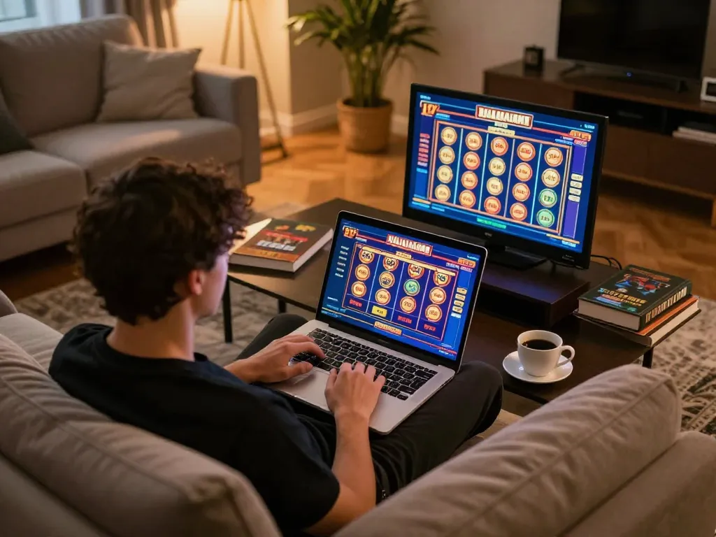 Engaging gaming scene of players enjoying casino italiani non aams games on a laptop in a cozy living room