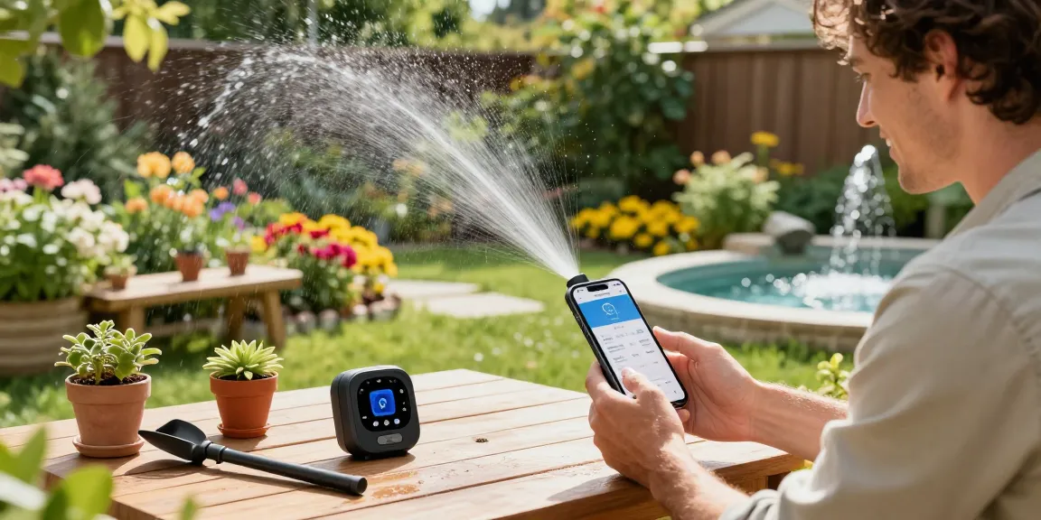 Homeowner setting up rainpoint wifi water timer for efficient irrigation in vibrant garden.