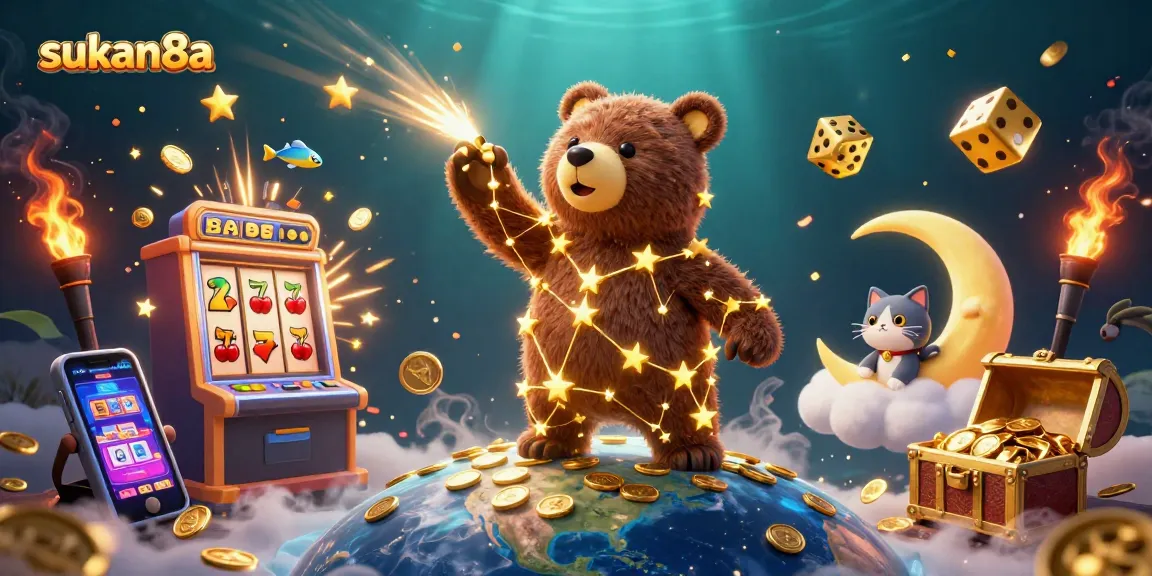 Sukan8a slot scene featuring a constellation bear scooping coins, vibrant casino elements exploding around.