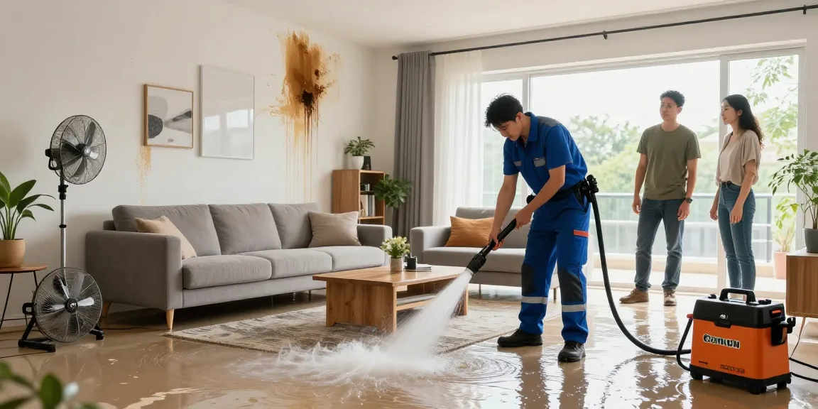 Restoration professional performing disaster restoration services in Chicago, removing water damage from a flooded living room.