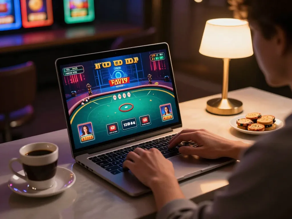 Engaging in RR 88 online casino gameplay with a laptop, showcasing strategy and excitement.
