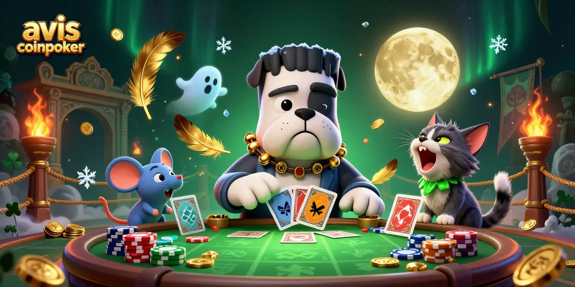 Découvrez l'avis CoinPoker, un bulldog Frankenstein distribuant des cartes à une table de poker immersive.