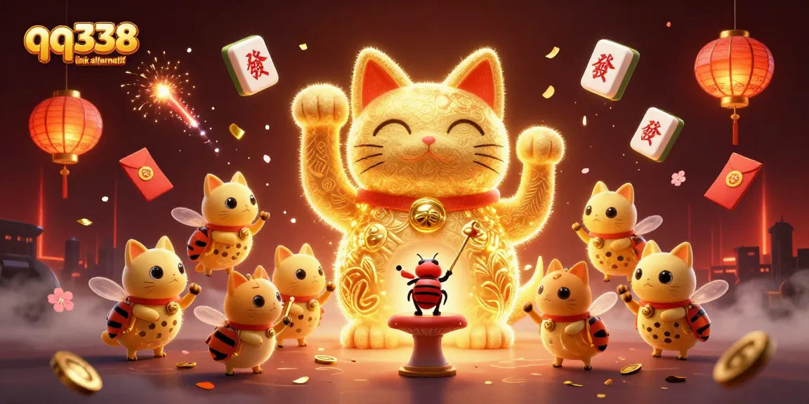 Explore the qq338 link alternatif with golden fireflies and casino symbols in an enchanting 3D scene.