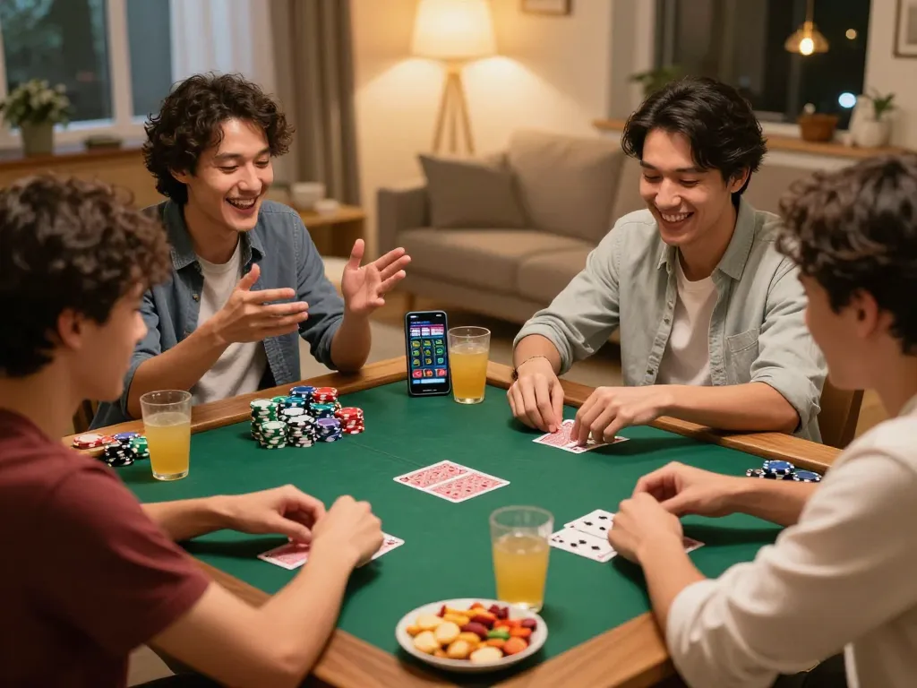 UGDEWA players enjoying a lively home game night with exciting card gameplay and colorful snacks.