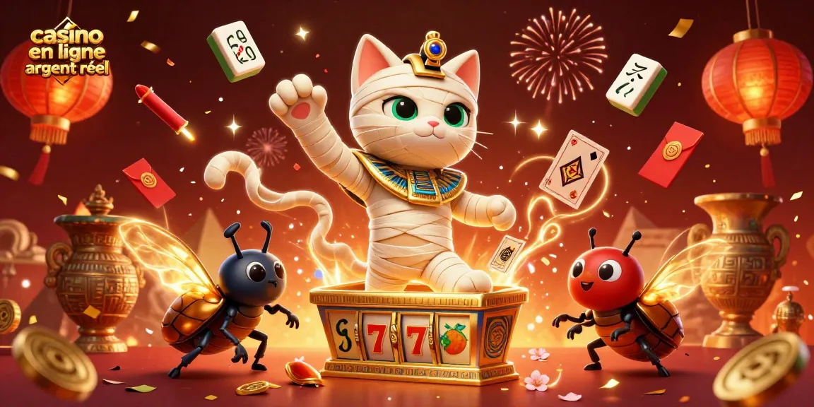 Jouez à des jeux dans un casino en ligne argent réel avec des personnages égyptiens et des éléments festifs.