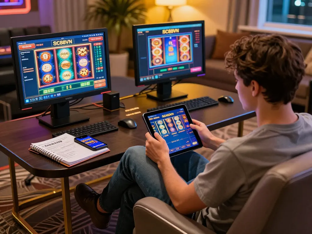 Player engages with SC88VN slots interface on a tablet in a cozy gaming setup.