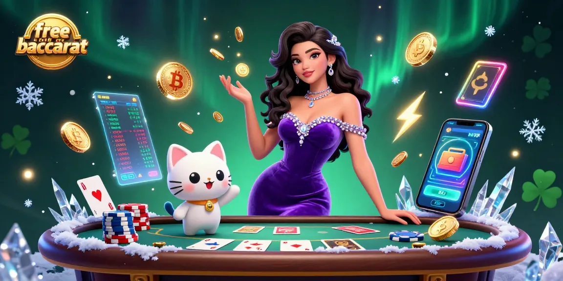 Play free credit baccarat with a glamorous woman at a baccarat table, vibrant casino elements erupting around.