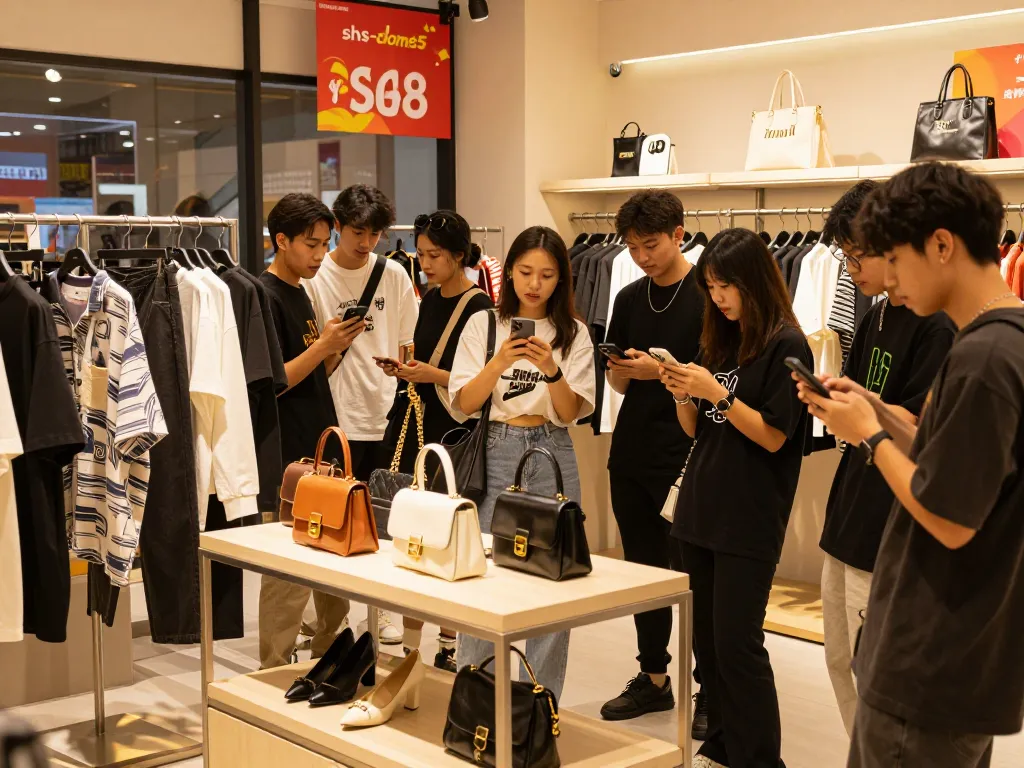Group of shoppers at shs-dome5.com exploring trendy replica fashion items in a vibrant retail environment.