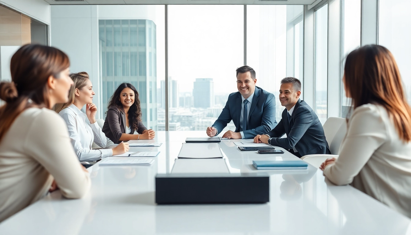 Mediation session with a professional mediator guiding diverse individuals at a modern table.