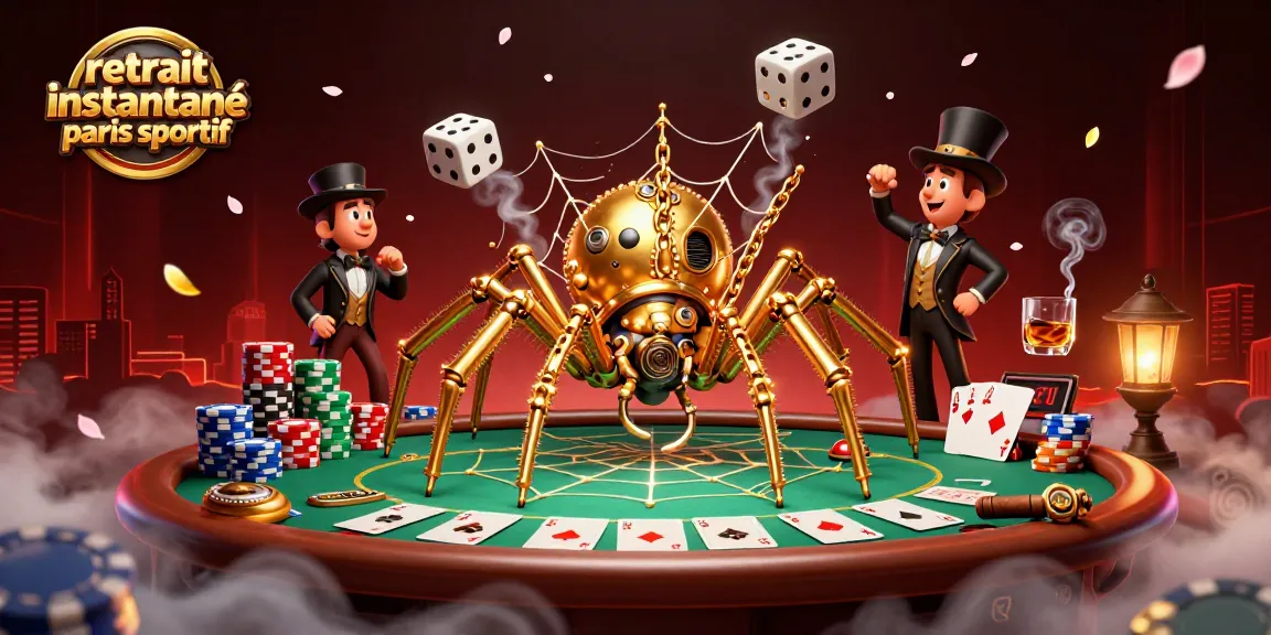 Retrait instantané paris sportif : illustration dynamique d'une araignée en steampunk attrapant des dés malchanceux dans sa toile dorée.