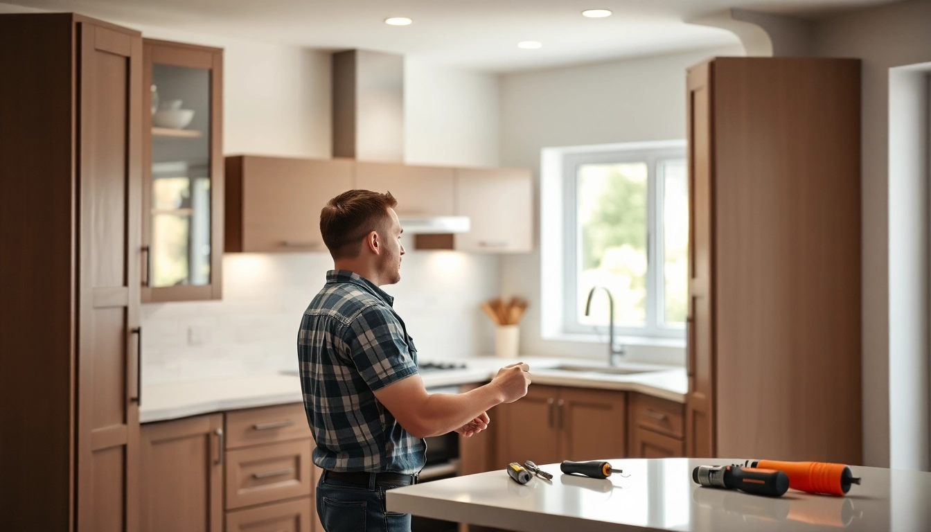 Cabinet Refacing Saint Petersburg FL showcasing a craftsman enhancing modern kitchen cabinetry.