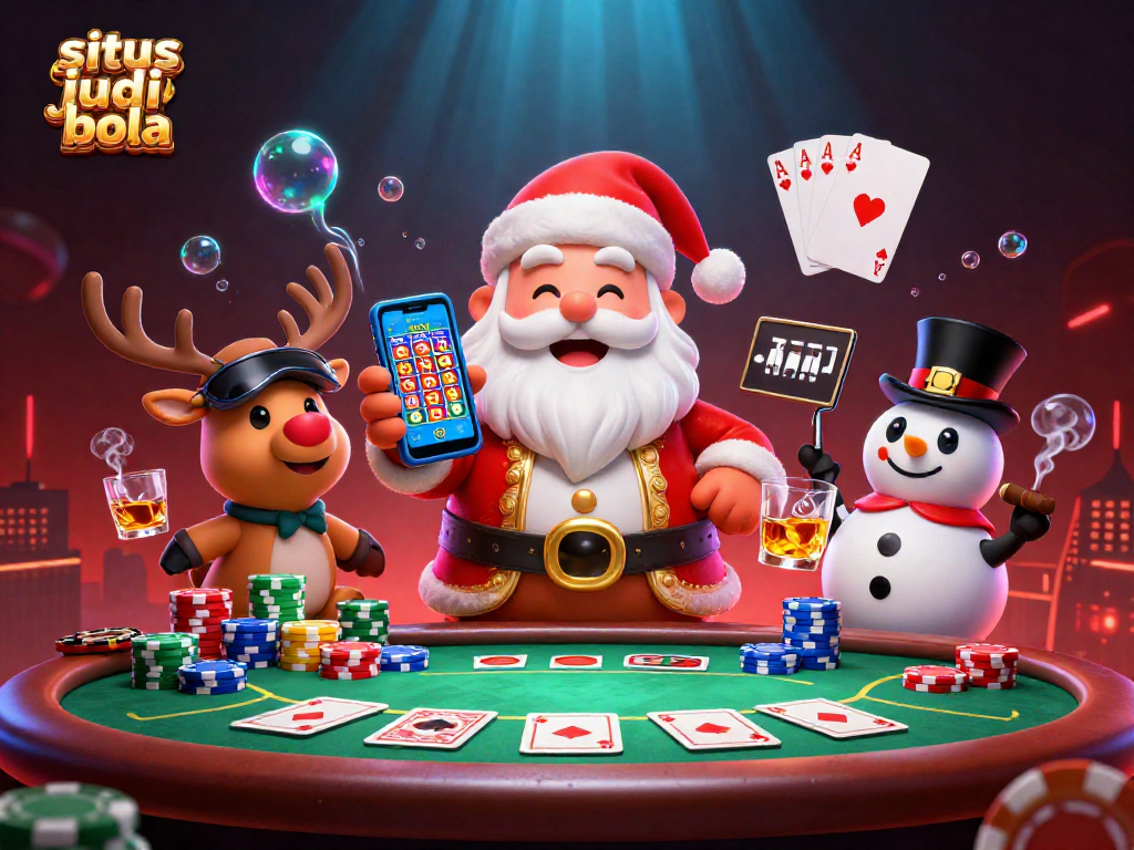 Spin the reels at situs judi bola with a festive Santa, reindeer dealer, and poker chip snowman amidst vibrant casino elements.