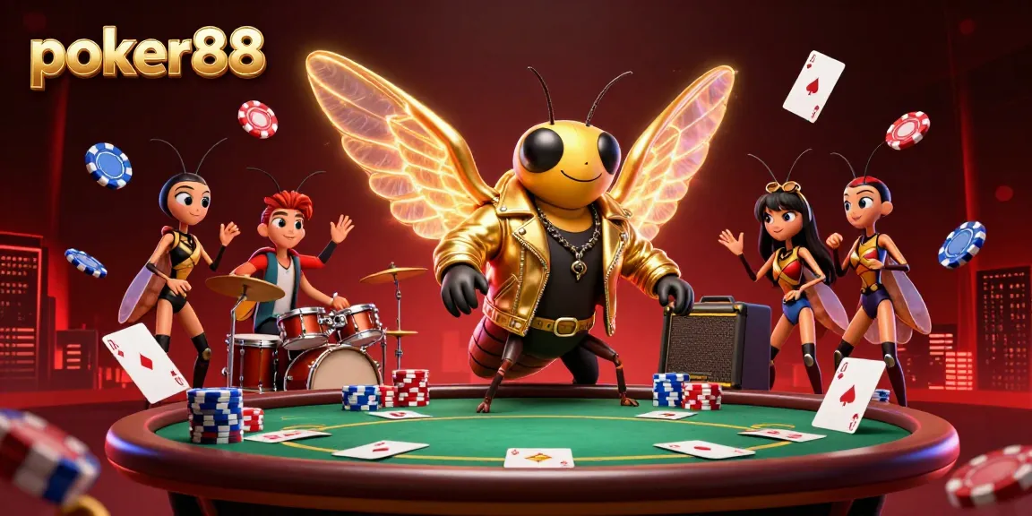 Poker88 players engage in vibrant poker action with dynamic characters and colorful elements in a packed scene.