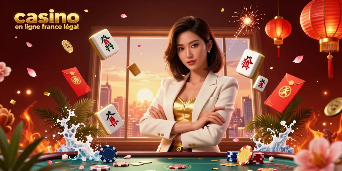 Engagez-vous avec le casino en ligne France légal à travers une élégante femme asiatique jouant aux cartes au milieu d'éléments de casino 3D vibrants.