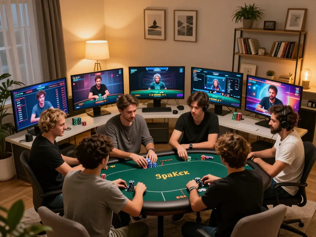 IDNSCORE players engaging in an online poker game, showcasing dynamic gameplay and home comfort.