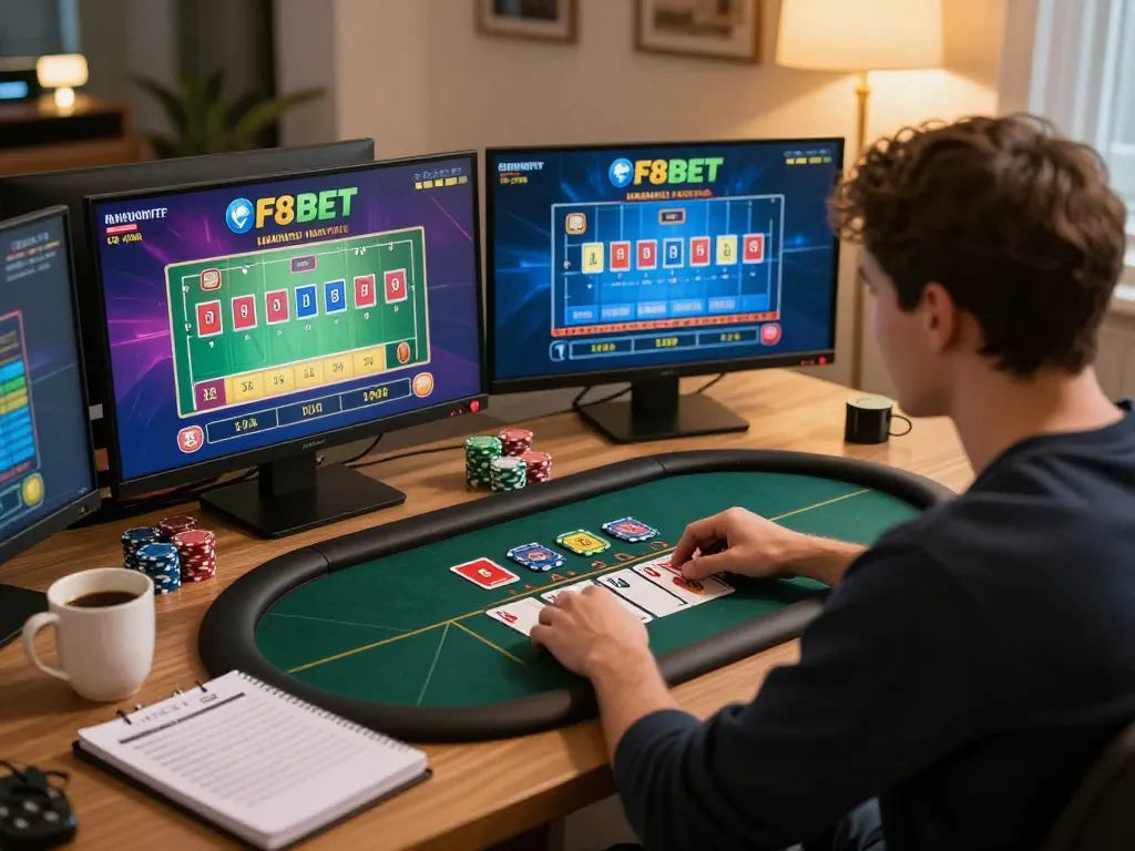 F8BET player engaged with live dealer games from home, showcasing strategic gameplay and comfortable setting.