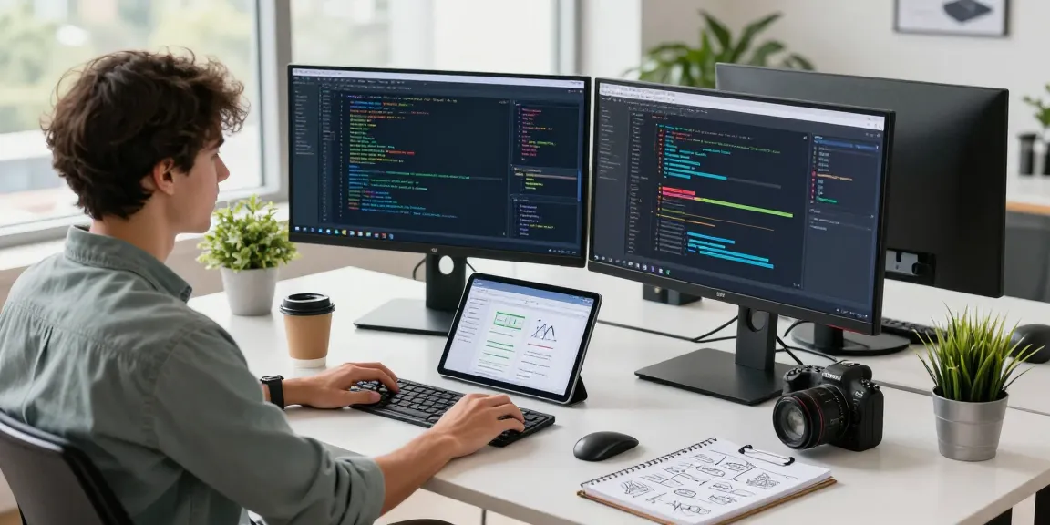 Developer utilizing OpenClaw AI in a modern workspace with multiple monitors and collaborative tools.