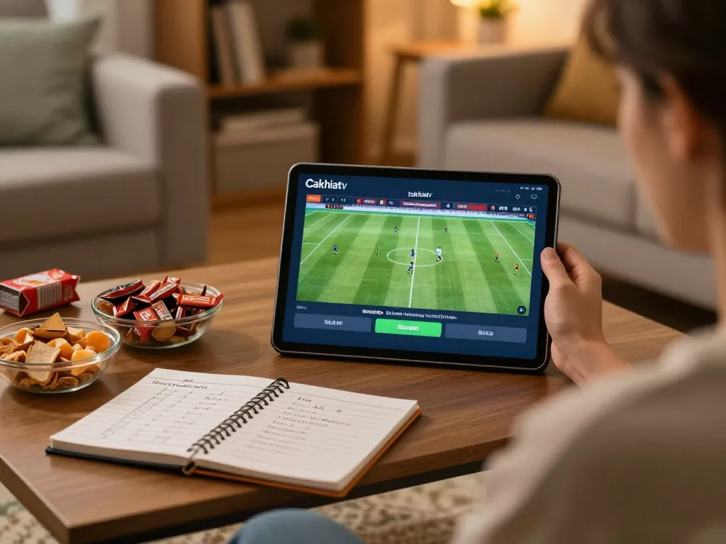 Cakhiatv user engaging with live football streaming on tablet in a cozy home setting.