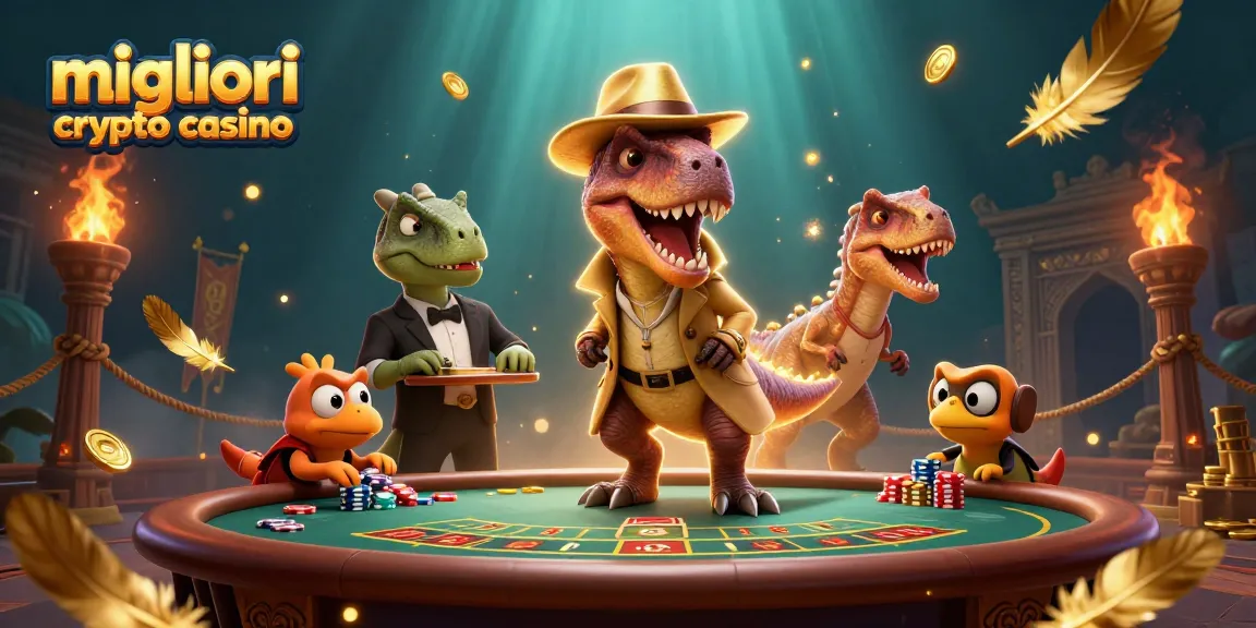 Gioca nei migliori crypto casino mentre un velociraptor mascherato cerca di nascondersi al tavolo da blackjack.