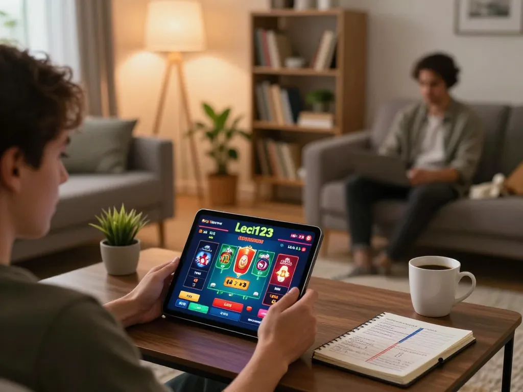 Pengguna Leci123 terlibat dengan permainan kasino online di tablet dalam pengaturan rumah yang nyaman.