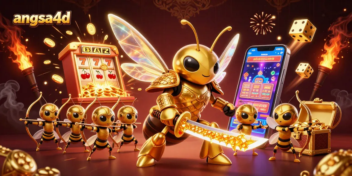Win big with angsa4d's exciting gambling scene featuring a golden hornet samurai and slot machine.
