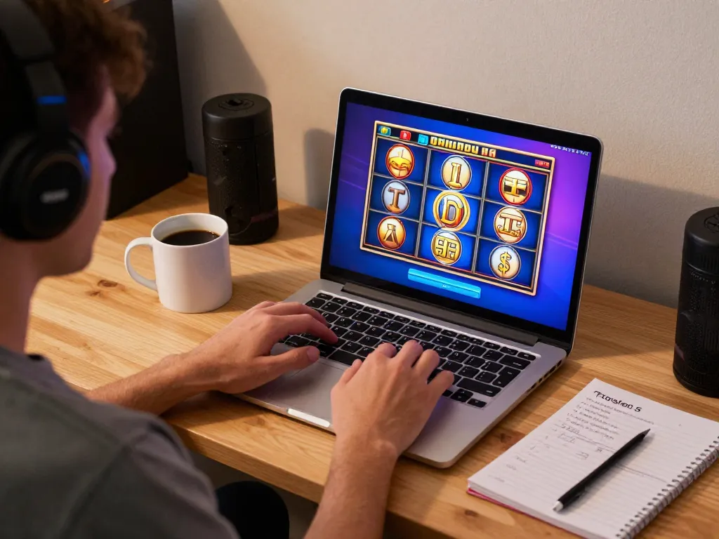 Experience online slots excitement with u8888 on a cozy home setup, highlighting a laptop and strategy notes.