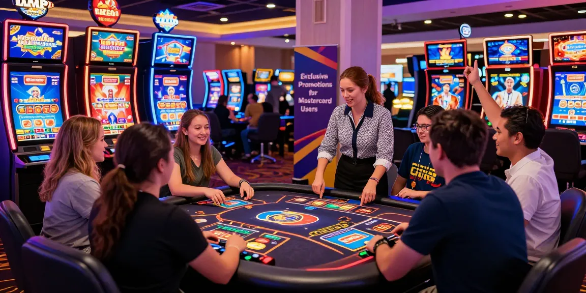 Engaging scene at a casino showcasing players using Mastercard credit cards at gaming tables, vibrant atmosphere.