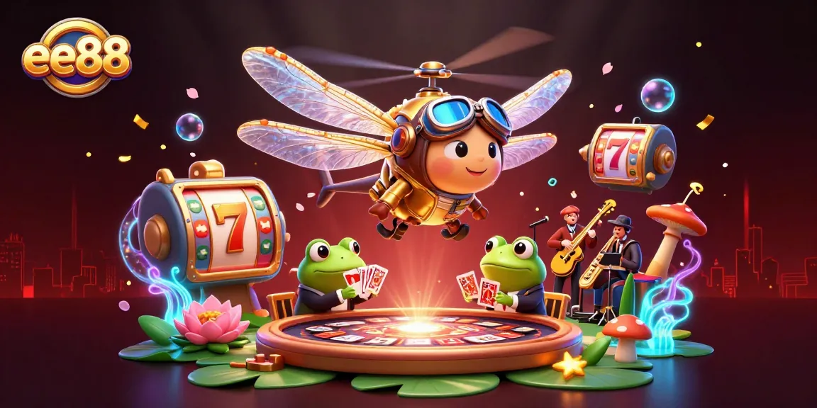 Experience exciting gameplay at ee88 with a vibrant 3D scene featuring a helicopter pilot, croupier, and musicians.