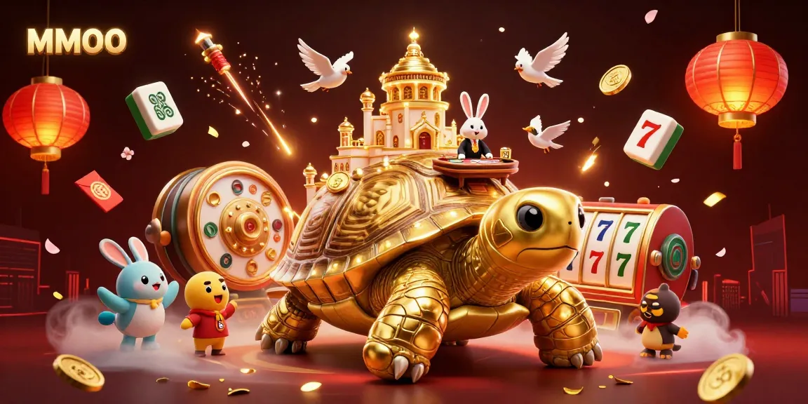 Play in the vibrant MMOO casino ambiance with a golden tortoise and rabbit dealer.