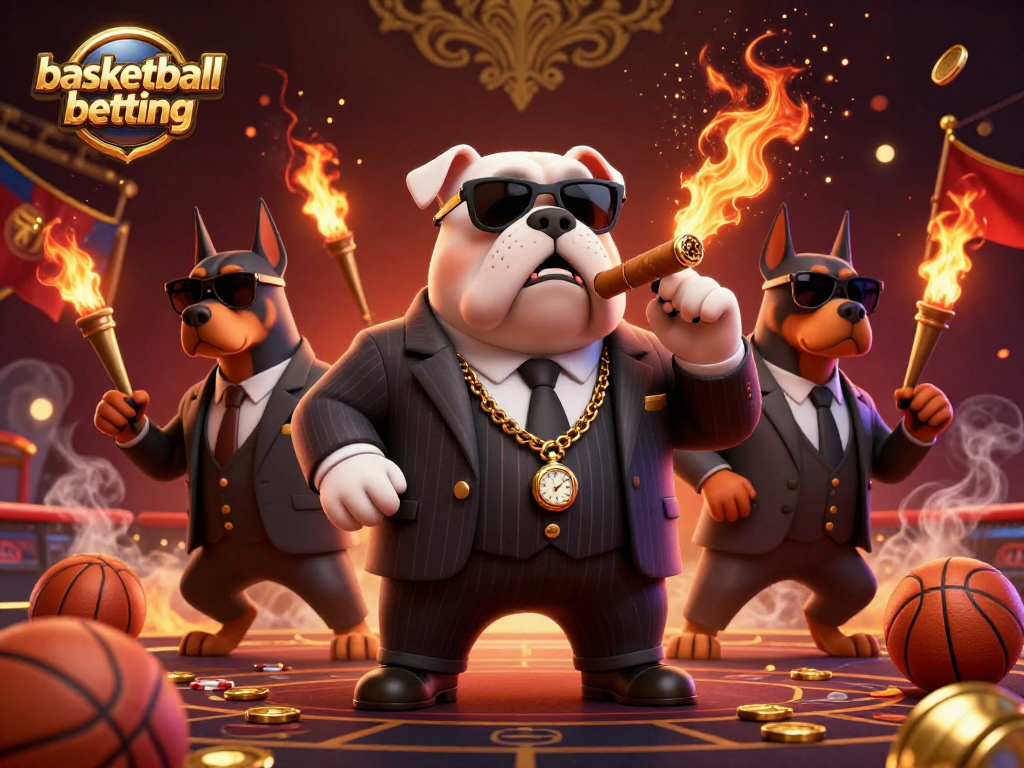 Engage in basketball betting excitement with a mafia bulldog and Doberman bodyguards amidst a dynamic, vibrant atmosphere.