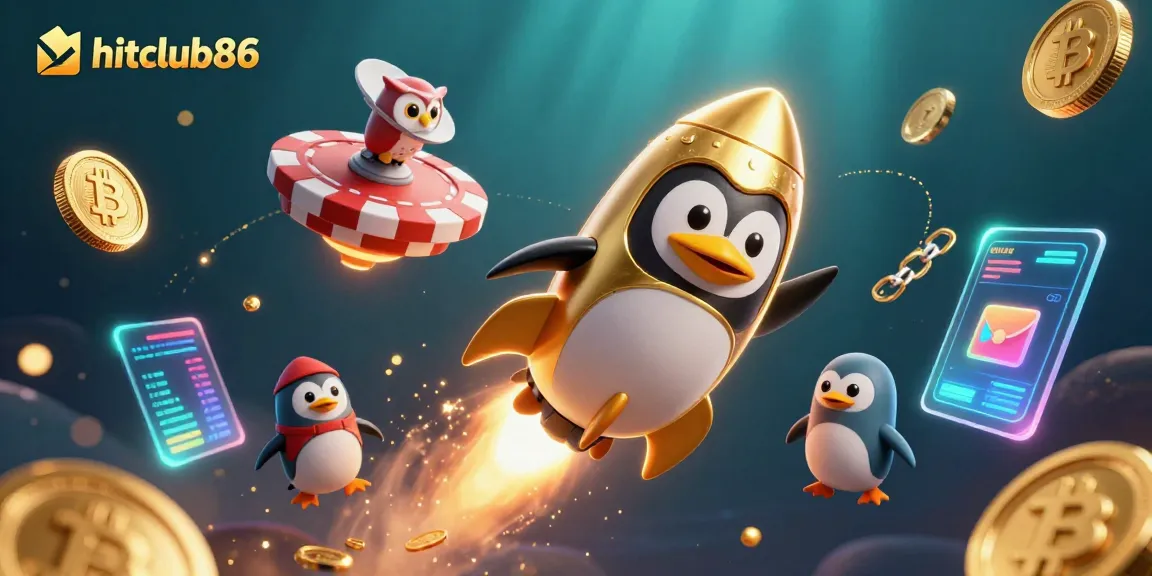Hitclub86 showcases excitement and adventure with a golden penguin flying towards a casino in space.