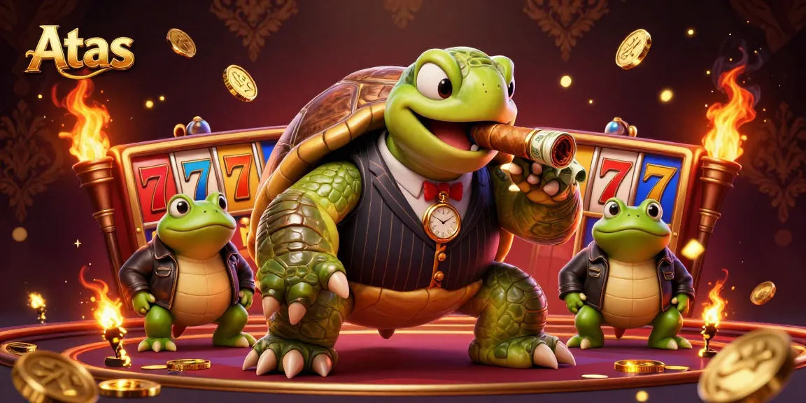 Atas casino features a massive snapping turtle leading a vibrant slot gaming scene with unique characters.