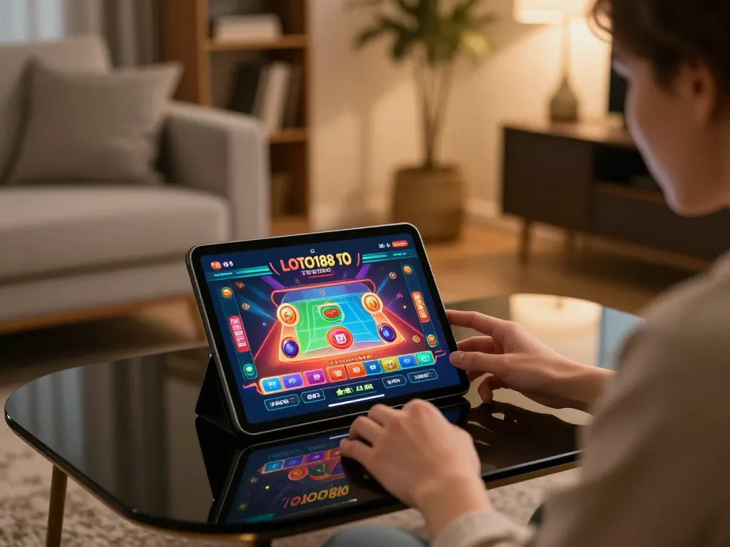 Playing the LOTO188 SO mobile app at home, showcasing user interaction and responsible gambling.