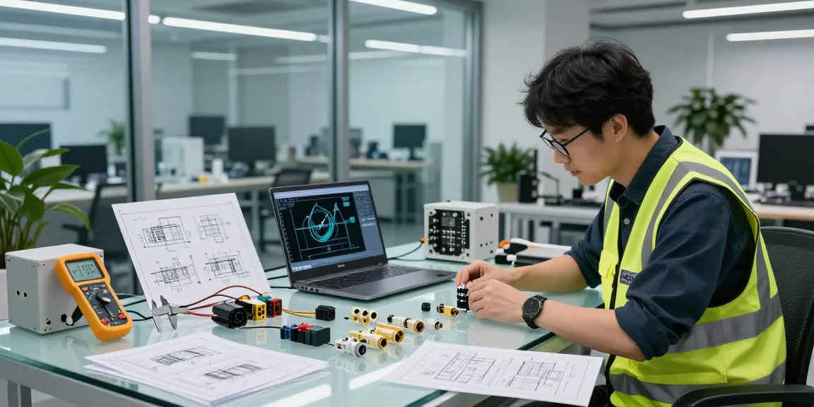 Engineer analyzes IEC connectors on glass table in modern tech workspace, showcasing industrial design.