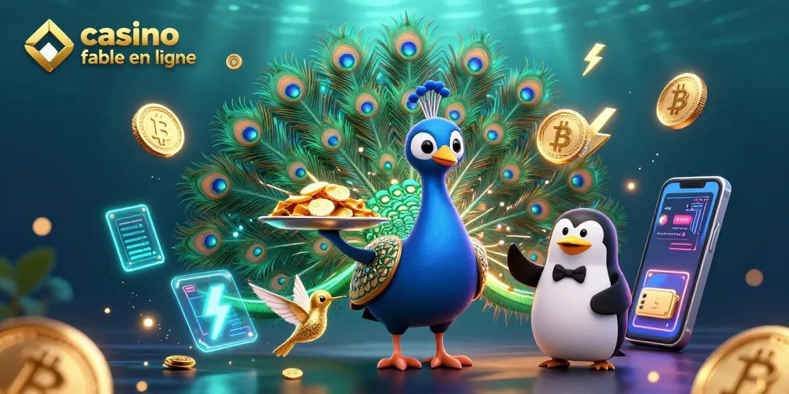 Découvrez le casino fiable en ligne avec une illustration dynamique d'un paon aristocratique et un pingouin serveur.