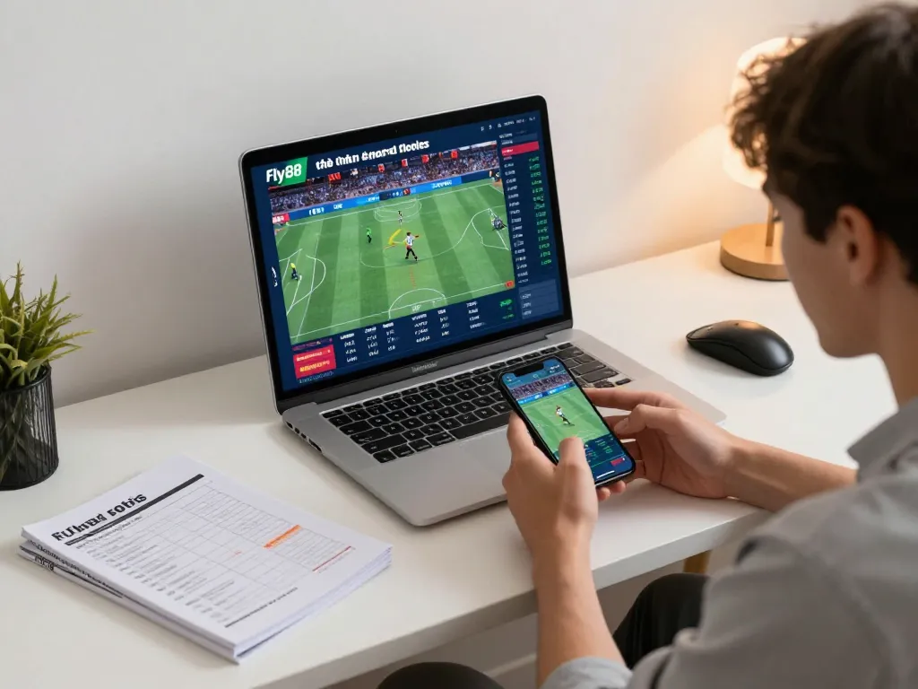 Betting excitingly on smartphone at nhà cái fly88 while viewing live sports.