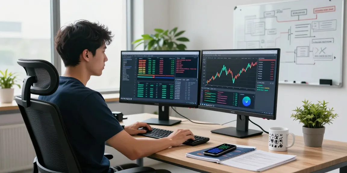 Developer analyzing futures high frequency tick API data in a modern office.