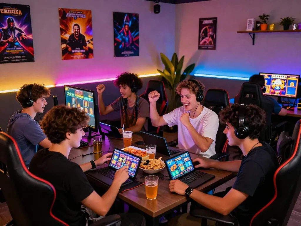 Exciting online gaming experience at luxury12, friends celebrating wins in a vibrant lounge.