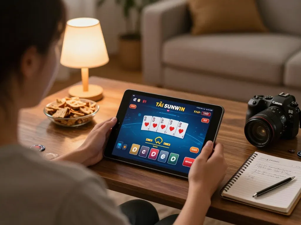 TẢI SUNWIN to enjoy online gaming with a dynamic poker interface on a tablet in a cozy home setup