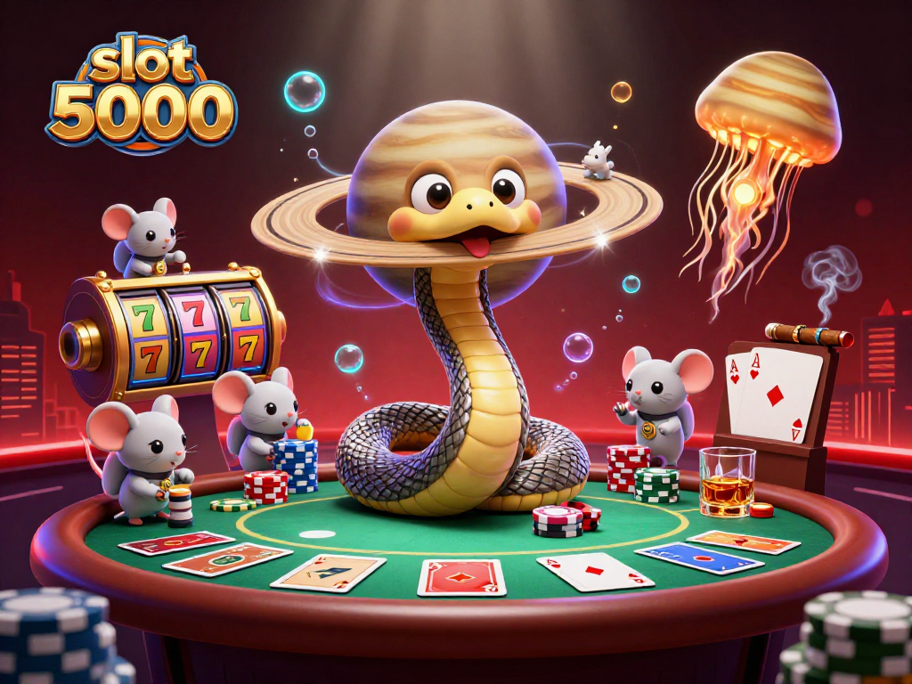 Spin the slot 5000 reels with astronaut mice and a cosmic dealer in this vibrant casino scene.