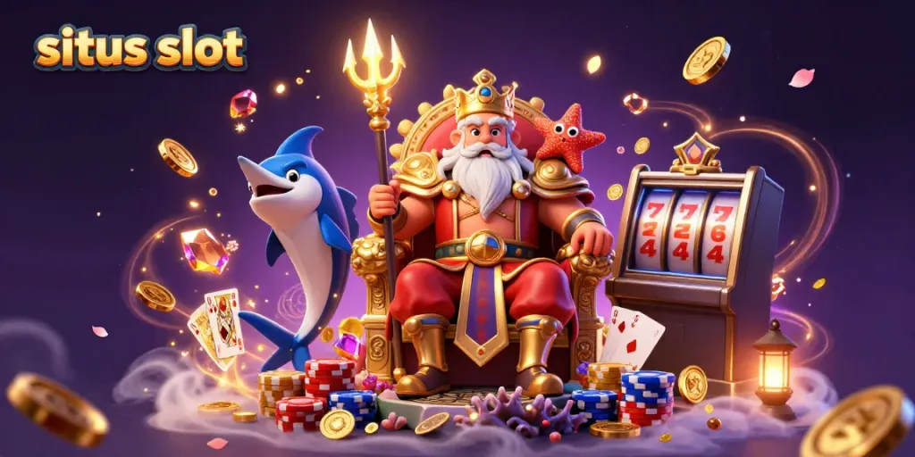 Experience the excitement of situs slot gaming with vibrant illustrations of Neptune and casino elements.